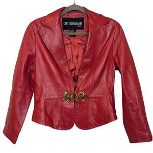 VTG OUTERWEAR by Lisa Women Size Medium Red Leather Jacket Gold Dueling Leopards